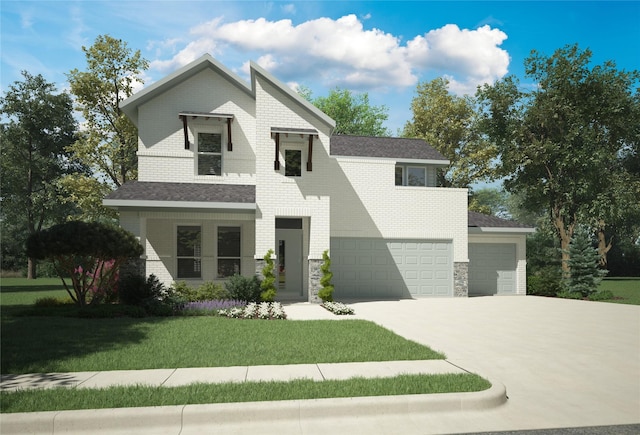 view of front of property with a garage and a front lawn