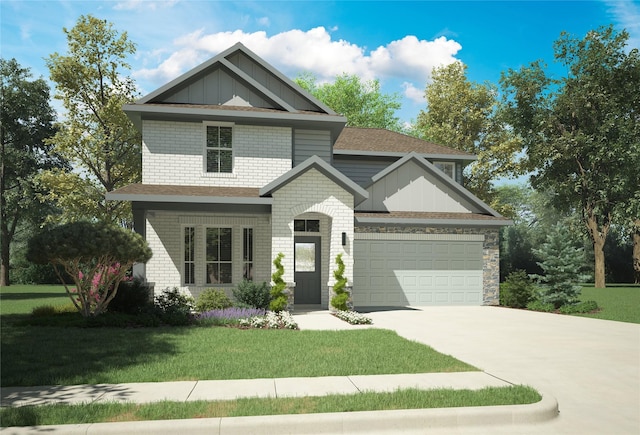 craftsman house featuring a front lawn and a garage