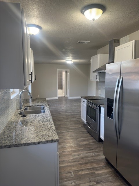 kitchen with stainless steel appliances, dark wood-type flooring, sink, and white cabinets