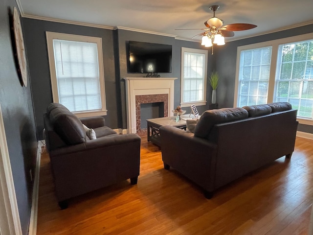 living room featuring ceiling fan, wood-type flooring, a premium fireplace, and crown molding