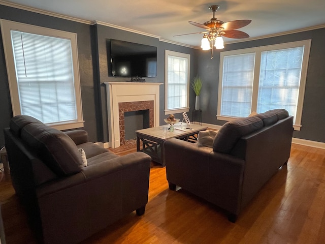 living room featuring hardwood / wood-style flooring, ceiling fan, a premium fireplace, and ornamental molding