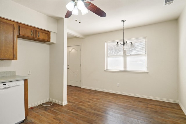 kitchen featuring dark hardwood / wood-style flooring, dishwasher, ceiling fan with notable chandelier, and decorative light fixtures