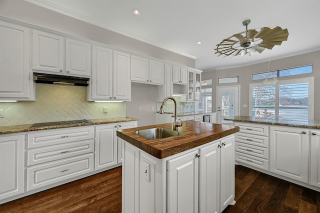 kitchen with white cabinetry, sink, a kitchen island with sink, and butcher block countertops