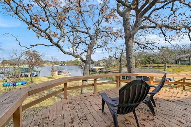 deck featuring a water view