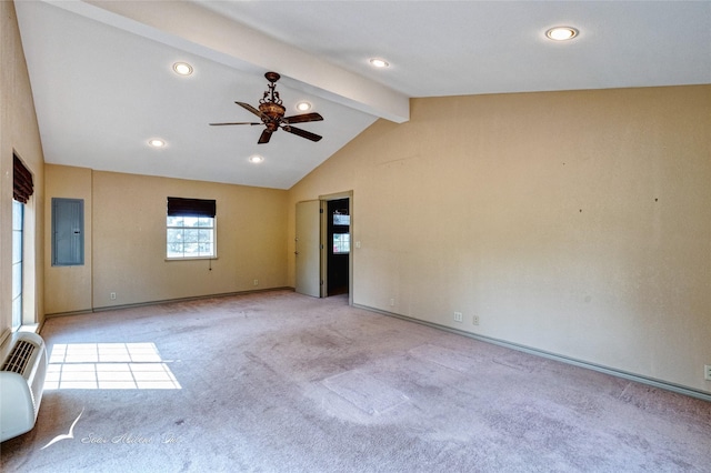 spare room with ceiling fan, electric panel, light carpet, and vaulted ceiling with beams