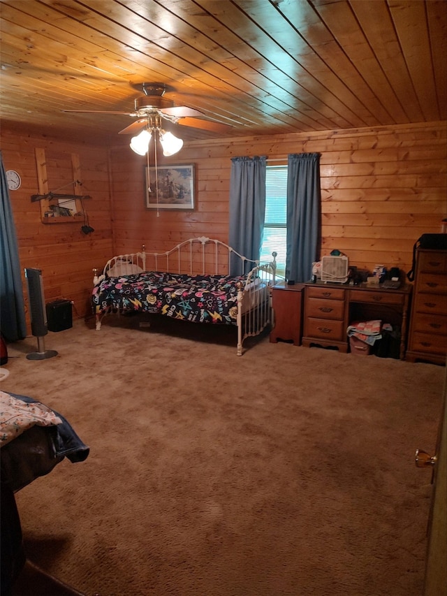 bedroom with carpet, ceiling fan, and wood ceiling