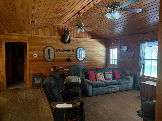 living room featuring wooden ceiling, ceiling fan, vaulted ceiling, and hardwood / wood-style floors