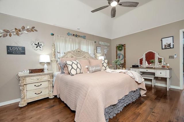 bedroom featuring lofted ceiling, ceiling fan, and dark wood-type flooring