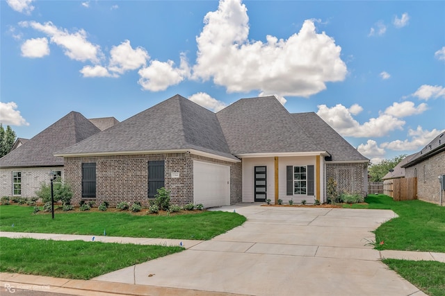 french country home featuring a garage and a front lawn