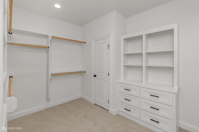 spacious closet featuring light carpet