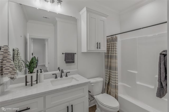 full bathroom with vanity, toilet, shower / bathtub combination with curtain, and ornamental molding