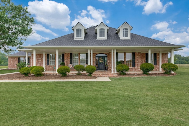 view of front of property featuring covered porch and a front yard