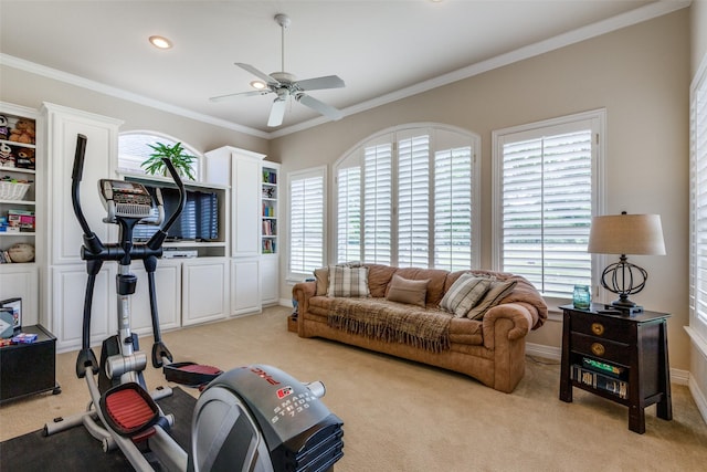 exercise room featuring light carpet, ceiling fan, and crown molding