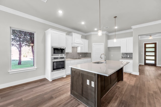 kitchen featuring a wealth of natural light, sink, stainless steel appliances, dark hardwood / wood-style flooring, and a center island with sink