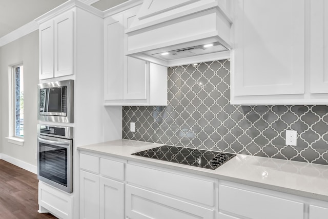 kitchen featuring white cabinetry, dark wood-type flooring, tasteful backsplash, custom range hood, and appliances with stainless steel finishes