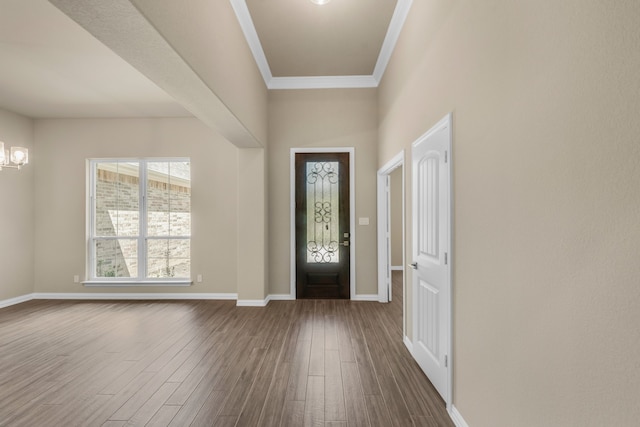 entryway with ornamental molding and dark hardwood / wood-style flooring