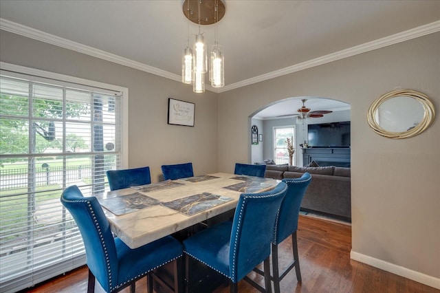 dining area featuring dark wood-type flooring, ornamental molding, and ceiling fan with notable chandelier