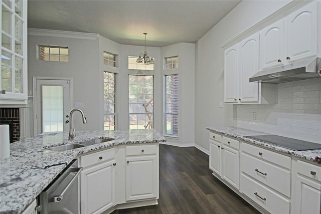 kitchen featuring light stone countertops, sink, white cabinets, dark hardwood / wood-style floors, and black electric stovetop