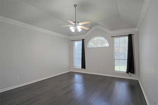 unfurnished room with ceiling fan, hardwood / wood-style flooring, and crown molding