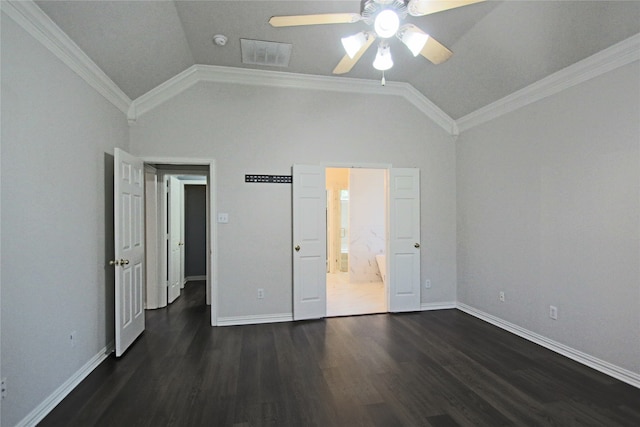 unfurnished bedroom with ornamental molding, vaulted ceiling, and wood-type flooring