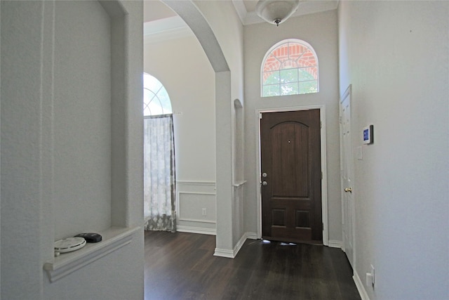 foyer featuring a towering ceiling, crown molding, and dark hardwood / wood-style flooring