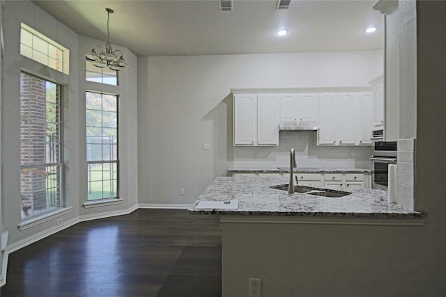 kitchen featuring tasteful backsplash, light stone counters, sink, white cabinets, and dark hardwood / wood-style floors