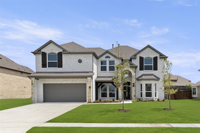 french country style house featuring a garage and a front yard