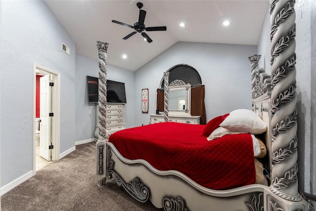 bedroom featuring ceiling fan, carpet, and lofted ceiling