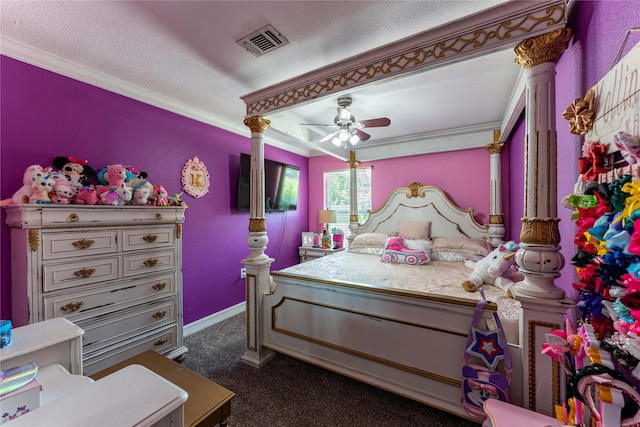 carpeted bedroom with ceiling fan, a textured ceiling, and ornamental molding