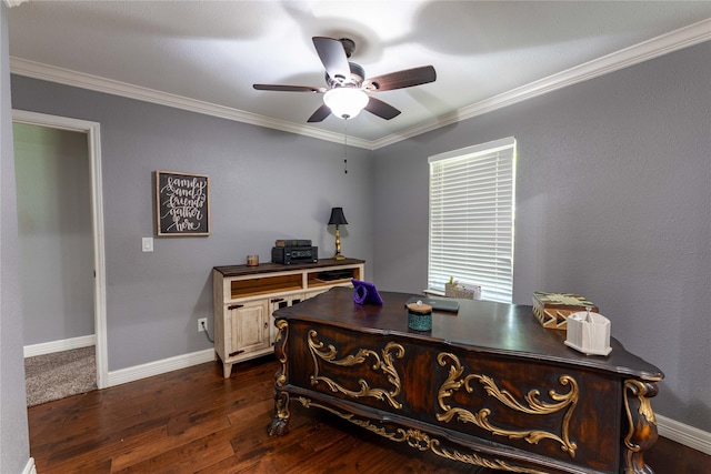 home office featuring ceiling fan, dark hardwood / wood-style flooring, and ornamental molding