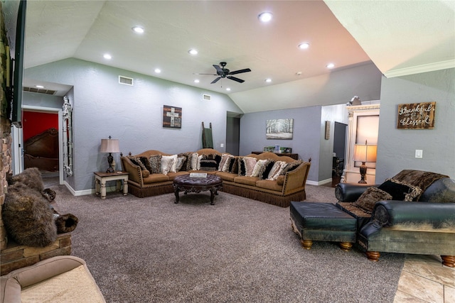 living room featuring vaulted ceiling, ceiling fan, and carpet flooring