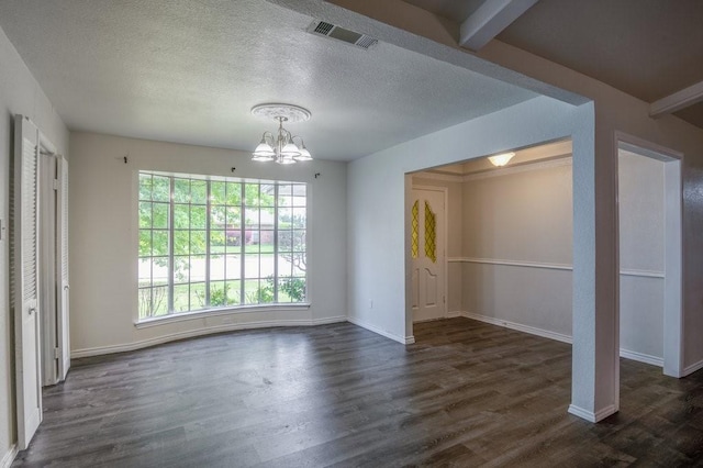 interior space featuring a textured ceiling, dark hardwood / wood-style flooring, beam ceiling, and a notable chandelier