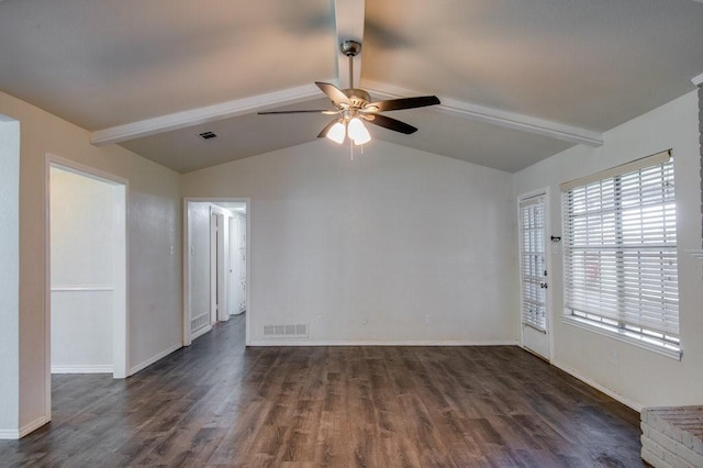 spare room featuring dark wood-type flooring, vaulted ceiling with beams, and ceiling fan