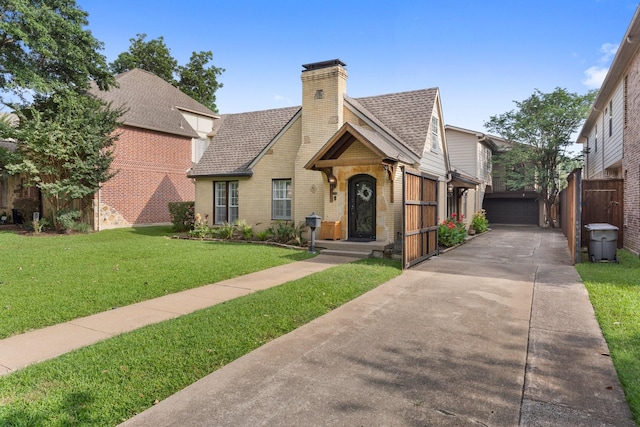 view of front of house featuring an outbuilding, a front yard, and a garage