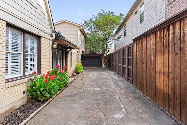 view of patio featuring a garage