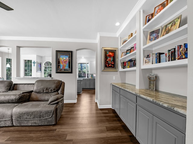 interior space with ornamental molding and dark wood-type flooring