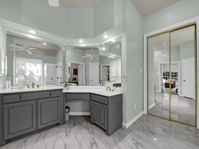 bathroom with vanity, tasteful backsplash, high vaulted ceiling, and ceiling fan