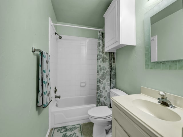 full bathroom featuring tile patterned floors, vanity, toilet, and shower / bathtub combination with curtain