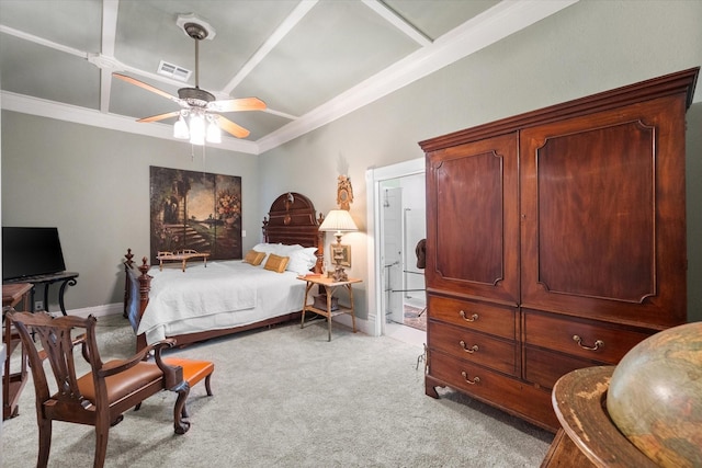 carpeted bedroom featuring ceiling fan and crown molding