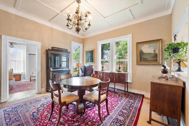 dining area featuring ceiling fan with notable chandelier and coffered ceiling