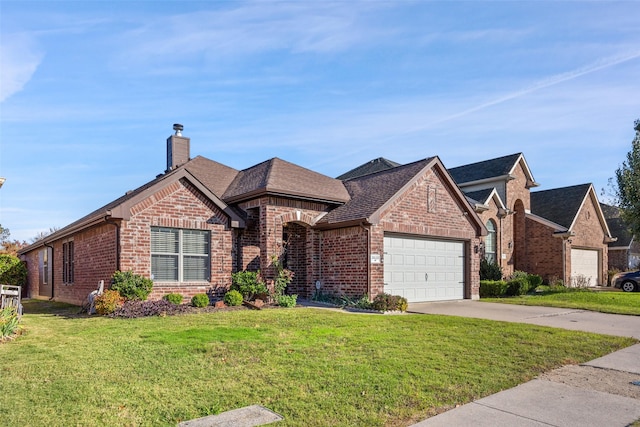 view of front of property with a front yard and a garage