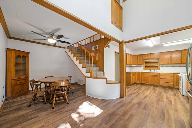 kitchen with ceiling fan, sink, backsplash, hardwood / wood-style flooring, and ornamental molding