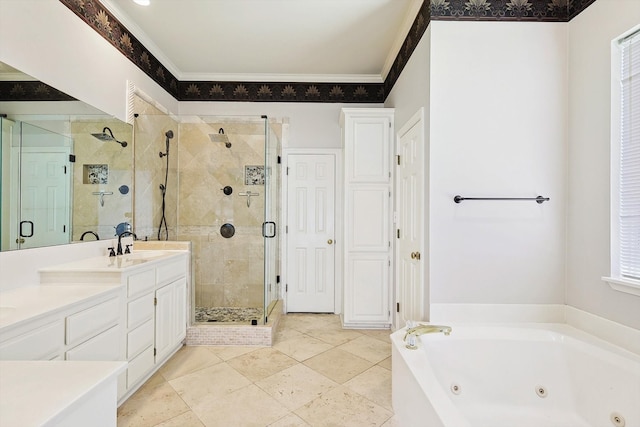 bathroom with tile patterned flooring, independent shower and bath, ornamental molding, and vanity