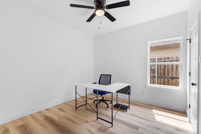 office space featuring ceiling fan and light hardwood / wood-style flooring