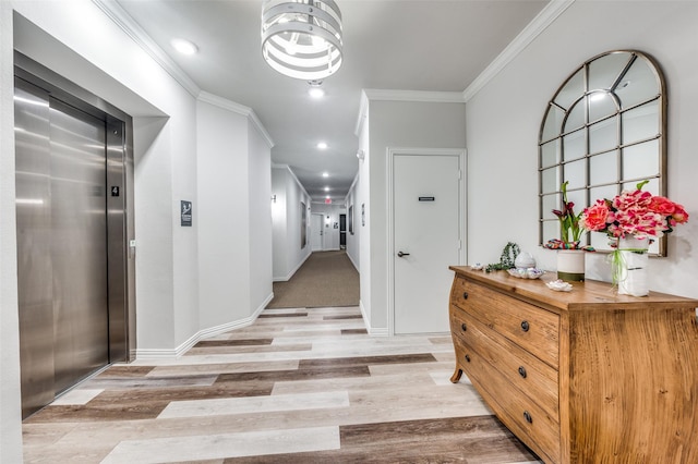 hall featuring light hardwood / wood-style floors, crown molding, and elevator