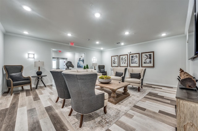 living room featuring light hardwood / wood-style flooring and ornamental molding