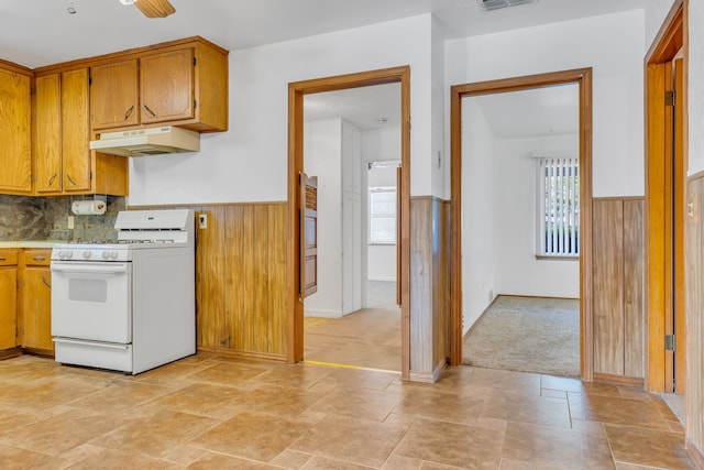 unfurnished room featuring wood walls and ceiling fan