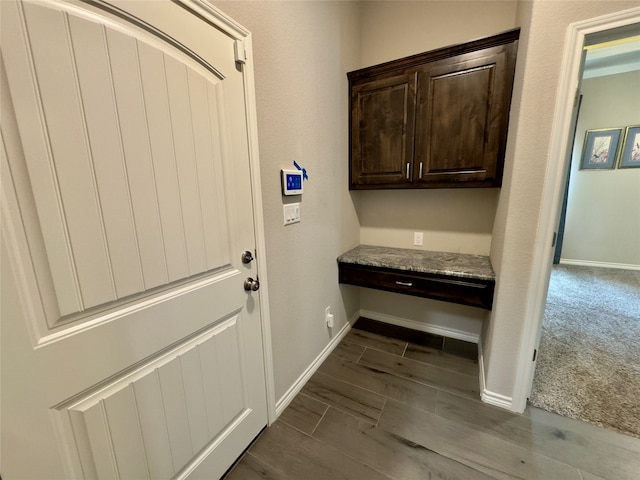 mudroom featuring dark carpet