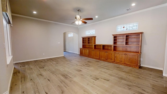 unfurnished living room featuring ceiling fan, light hardwood / wood-style floors, and crown molding