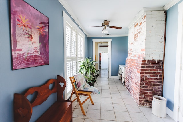 hallway featuring light tile patterned flooring and ornamental molding